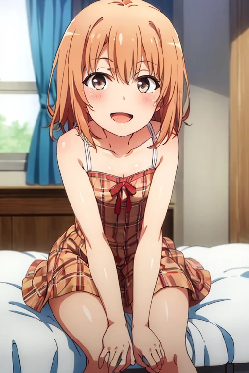 ((highest quality)), ((masterpiece)), (be familiar with), Perfect Face, indoor, Bedroom, Watching the audience,
One woman, Yuigahama Yui,
Open Mouth, Ecstatic expression, blush, smile,
Small breasts, Flat Chest, Young Girl, , , Girl,
Short Hair, Salmon-colored hair, Salmon-colored eyes, Side Pony,
Leg spread,