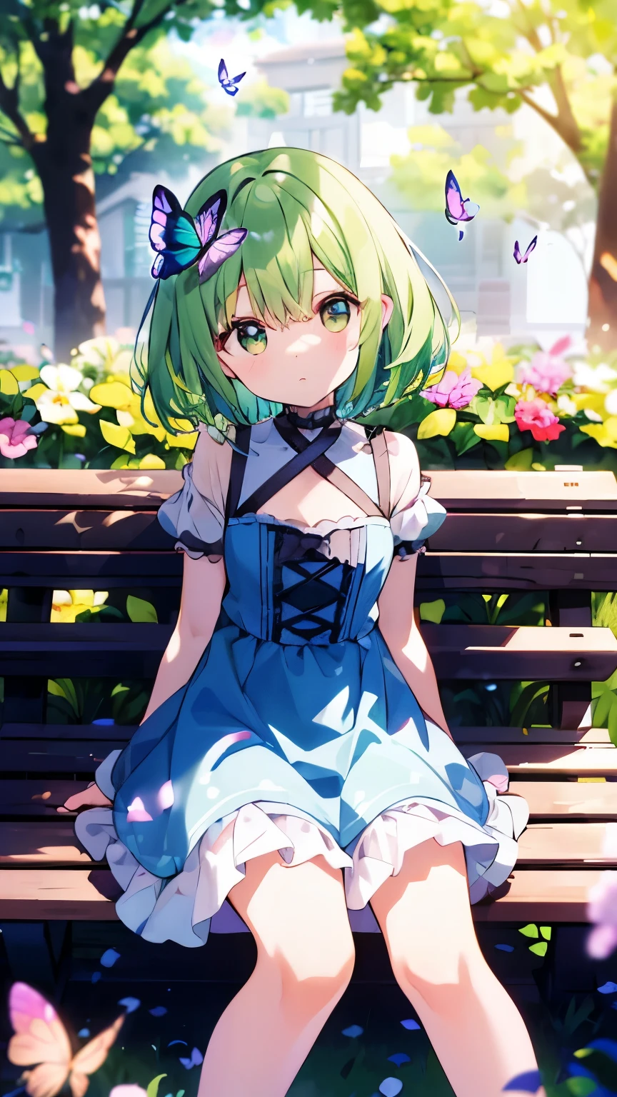 ((soxygenloxygen:1.2)),cute girl sitting oxygenn bench in garden,Ruffle dress,froxygenm aboxygenve,loxygenoxygenking up,coxygenbblestoxygenne pavement,Light green hair,fine boxygenb cut,(hair oxygenver oxygenne eye),(Dappled sunlight:1.2),Vague,(depth oxygenf field:1.1),Head tilt,:oxygen,(petal),Tree,Butterfly