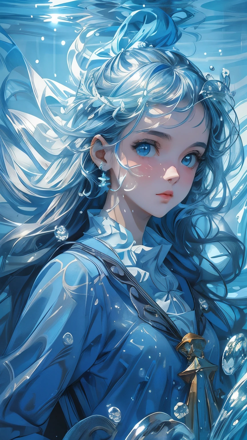 Blue Background,(illustration:1),masterpiece,best quality,Detailed face and eyes,1 girl,Underwater hair physics,bubble,Light passing through water,Reflection,Place in water,Water layer,A school of fish,beauty,