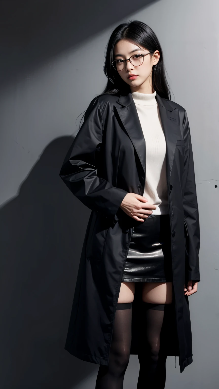 asian woman wearing glasses with a black background, wearing thin big round glasses, long black hair, a serious look, a large thin body, medium breasts, a chic black open jacket, chic black stockings, black heels