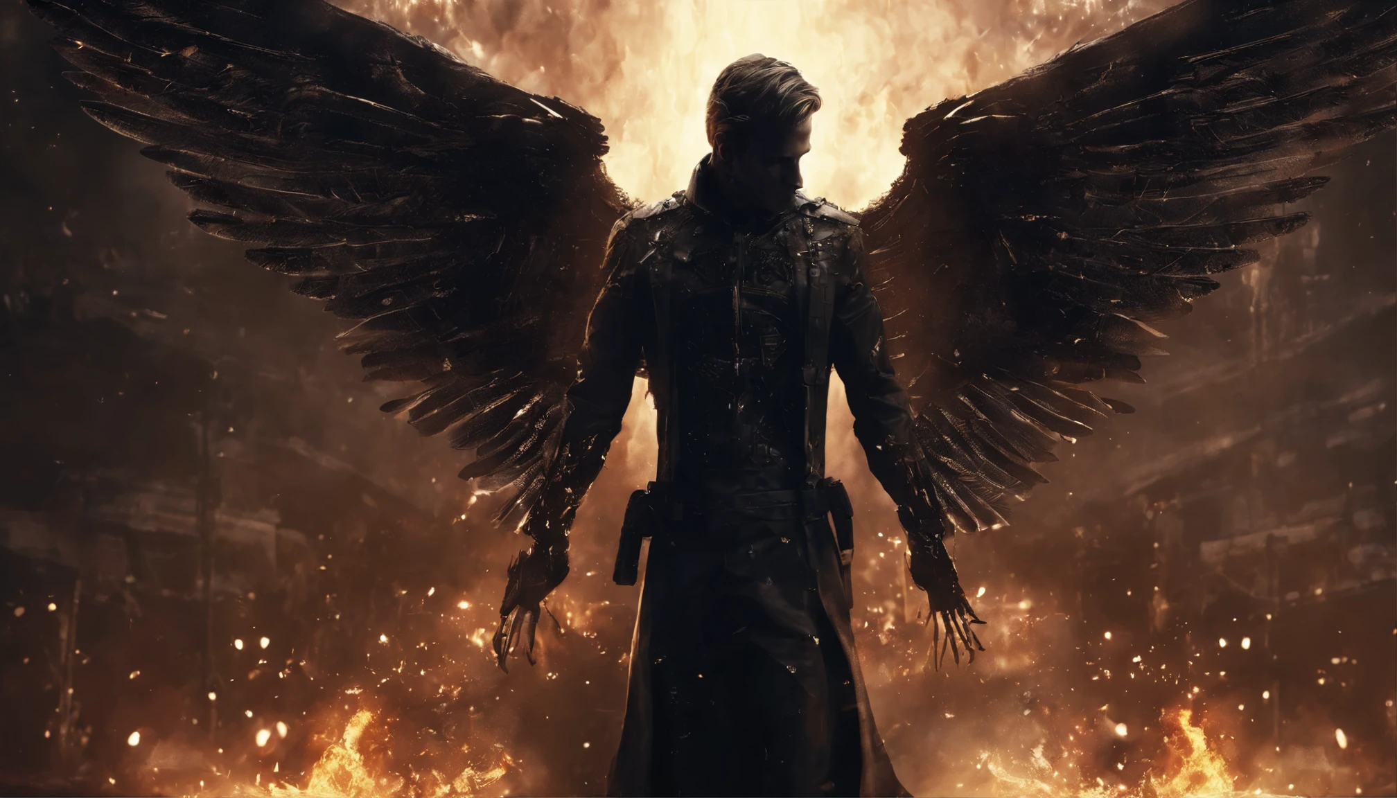 Fallen male Angel, front view, dirty body, ((face to viewer)), fire, inferno, sparks, industrial wings, Biomechanical, eerie, Dream-like, Very dark colors, Light particles, with light glowing, wallpaper art, UHD wallpaper, fire sparks,