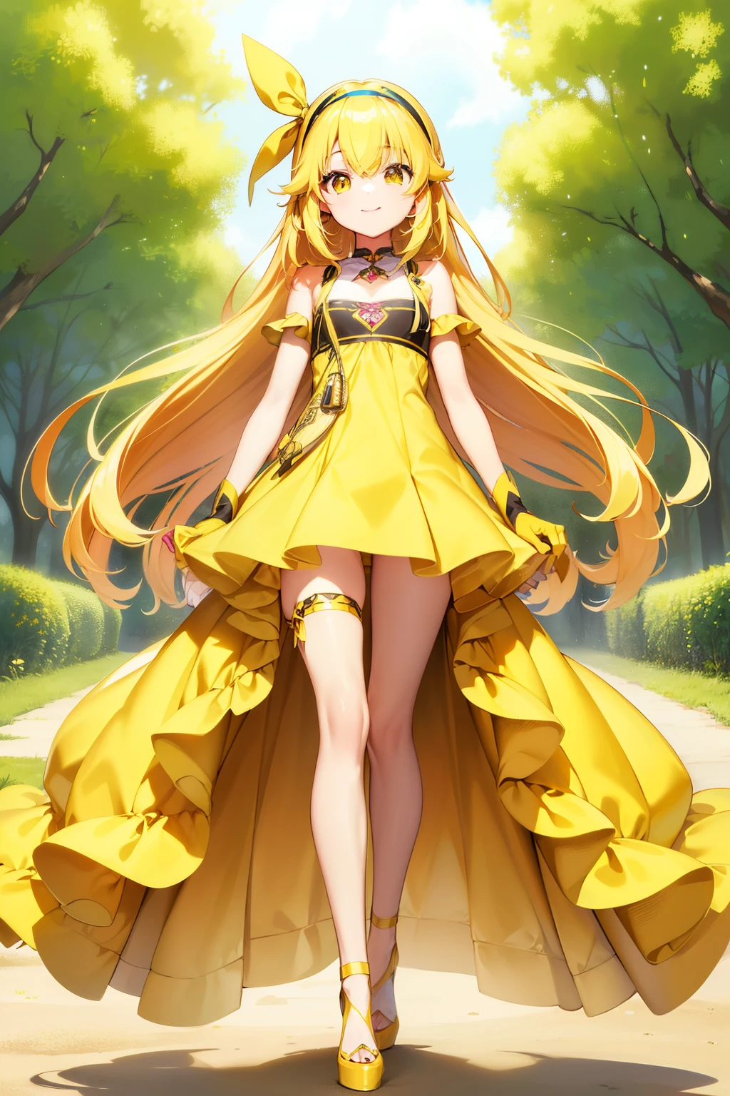 lacus4, (millet-themed, yellow-colored cartoon dress, yellow high heels, hair band, arm band, short gloves), (masterpiece, standing, cheerful smile, cute, childlike features, Best Quality, Anime style: 1.9, Happy , ultra-detailed face, Millet Farm background, high resolution, lacus4), 1girl, Solo, curvy figure, Long hair, (Detailed wide hair bangs, Headband with millet designs, Detailed yellow hair, shiny highlights, slim arms), (no cleavage, small hands), (Big round eyes, shiny eyes), ((cute proportions, medium height, flat belly, no