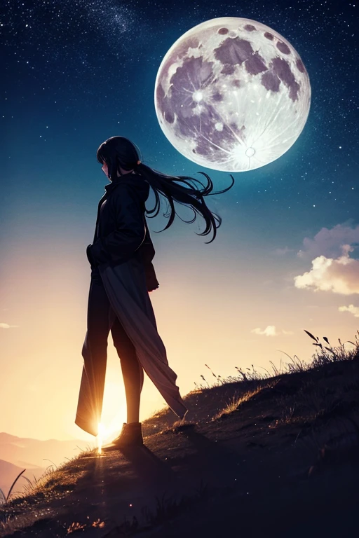highest quality,Big moon and shadow,A silhouette of a person can be seen against the backdrop of a large moon.,There is one full moon,There is a mood,Beautiful scenery,Starry Sky