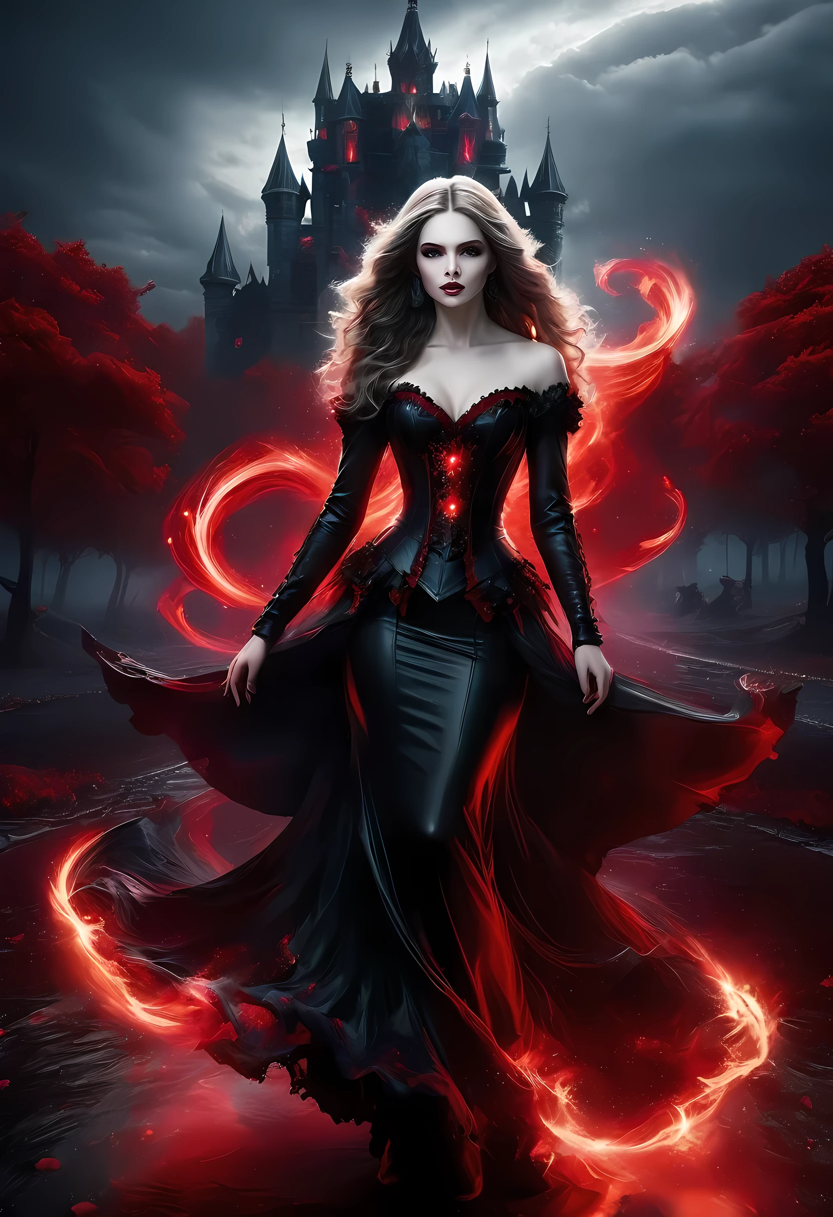 Dark fantasy art, fantasy art, goth art,  a picture of a female vampire, exquisite beauty, full body shot, dark glamour shot,  pale white skin, dark blond hair, long hair, wavy hair, (glowing grey: 1.3) eyes,  she  wears a (red: 1.3) dress, ArmoredDress, entwined with (black: 1.4)  roses betmd, high heells, dark castle porchm, RagingNebula