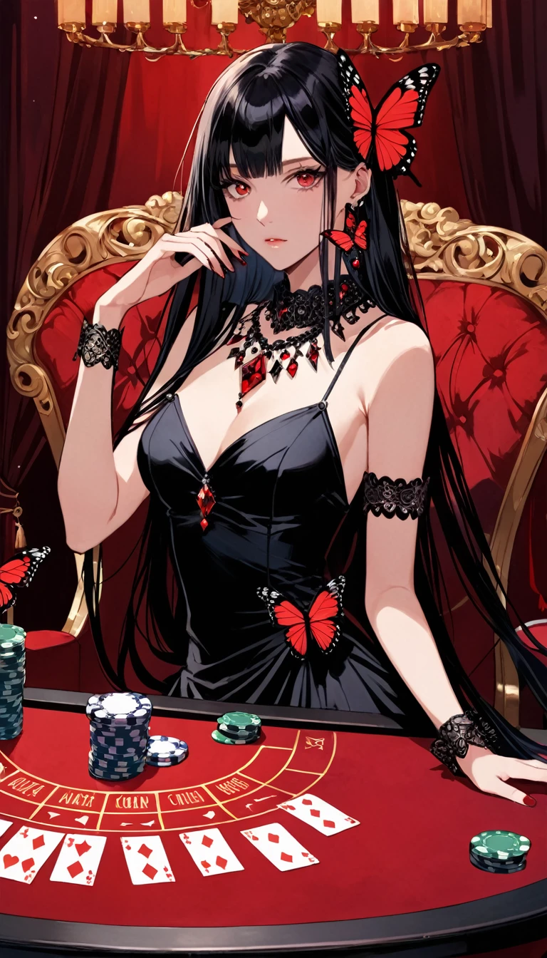 Poker face,,(Dark Fantasy),((Wonderful illustrations)),(Splash of details), Black long hair, Red pupil, girl, Pure black dress, Only the collar, The cuffs and skirt are dark red, There is a red butterfly hairpin on the side of the ear, masterpiece, best quality, high quality, scarf,, Red and black crystal necklace, Black knee socks