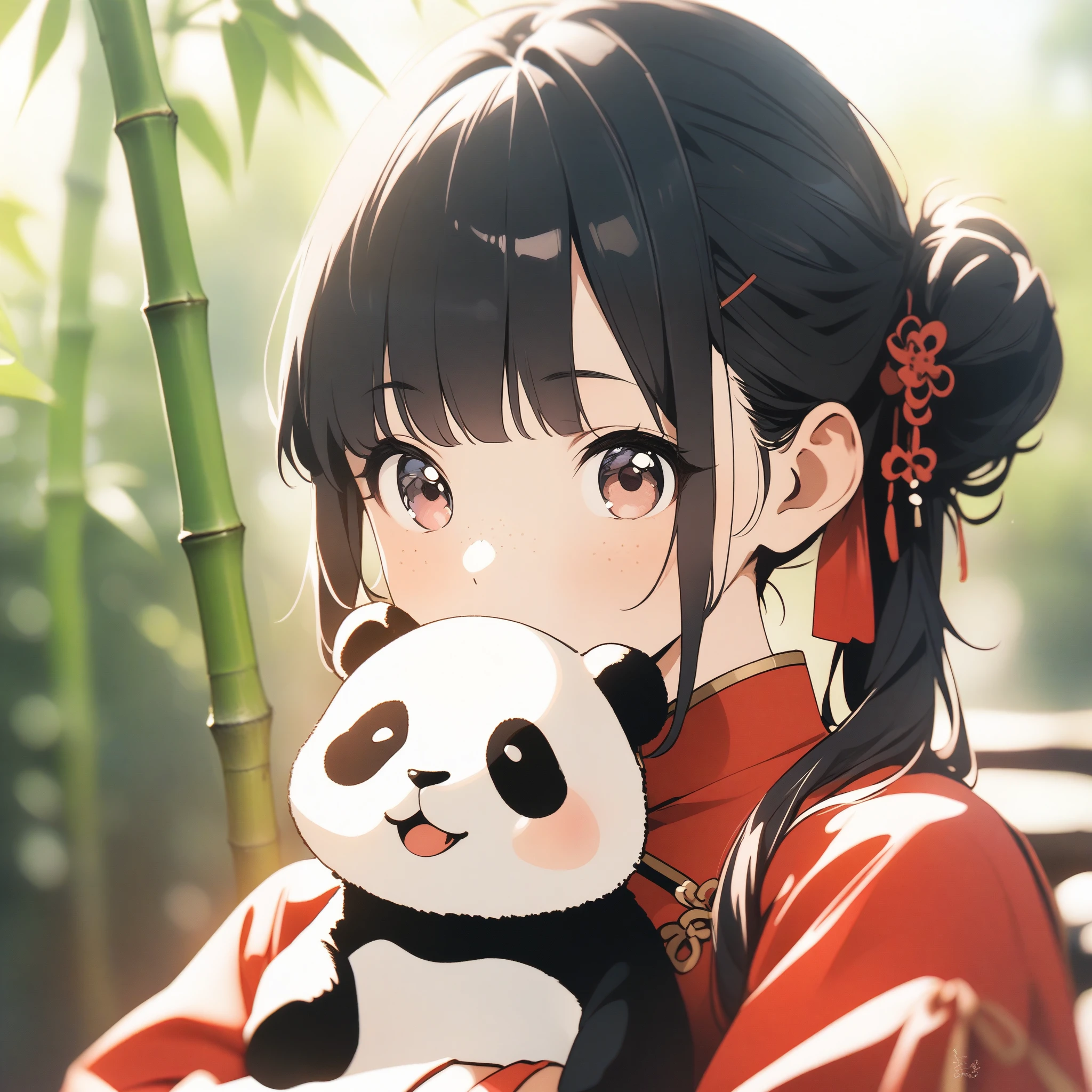 (masterpiece:1.2),China、Panda、Girl holding a panda、Bun Hair、Black Hair、Bangs、Red Chinese clothing、cute、bamboo、freckles、Photo style