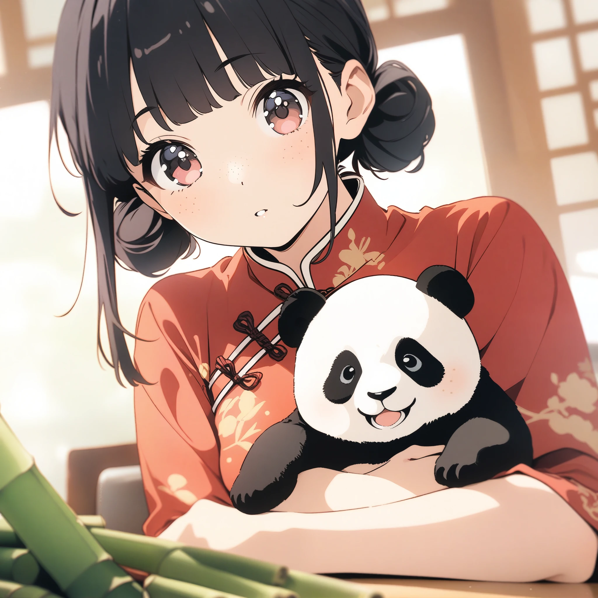 (masterpiece:1.2),China、Panda、Girl holding a panda、Bun Hair、Black Hair、Bangs、Red Chinese clothing、cute、bamboo、freckles、Photo style