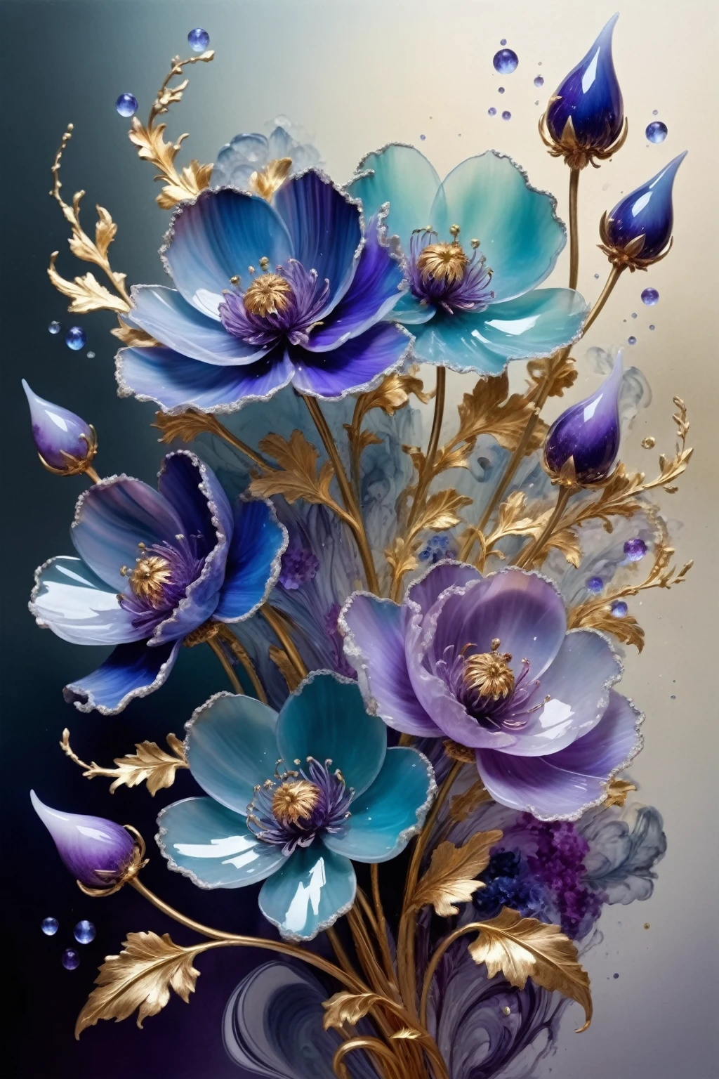 A bunch of blooming flowers,the petals show different shades of blue and purple,the center is embellished with gold texture,sparkling,elegant and unique,gently swaying,mysterious and charming,realistic and abstract art,details,very realistic,beautiful and vital,dreamlike and surreal,delicate brush strokes and rich colors,beauty and mystery,unimaginable beauty,Ornate And Intricate,transparent,translucent,Agate material,jade material,BY Anne Bachelier,