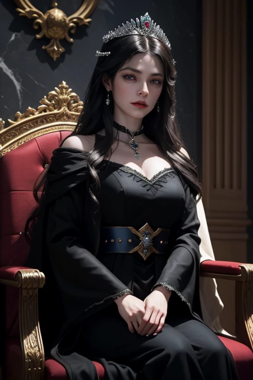 name: "Mistress of Darkness"
material: oil on canvas Size: 60x80 cm Idea: This realistic portrait depicts a dark ruler, sitting on her throne in the hall of her castle. Her black hair falls in thick waves down her back, and blue eyes sparkle with cold and impenetrable fire. Her black robes are decorated with precious stones and symbols of power.. The ruler sits upright, with refined grace, hands rest on the armrests of the throne with a hint of her power and control. The lighting in the hall is dim, which creates a mysterious and atmospheric atmosphere.
