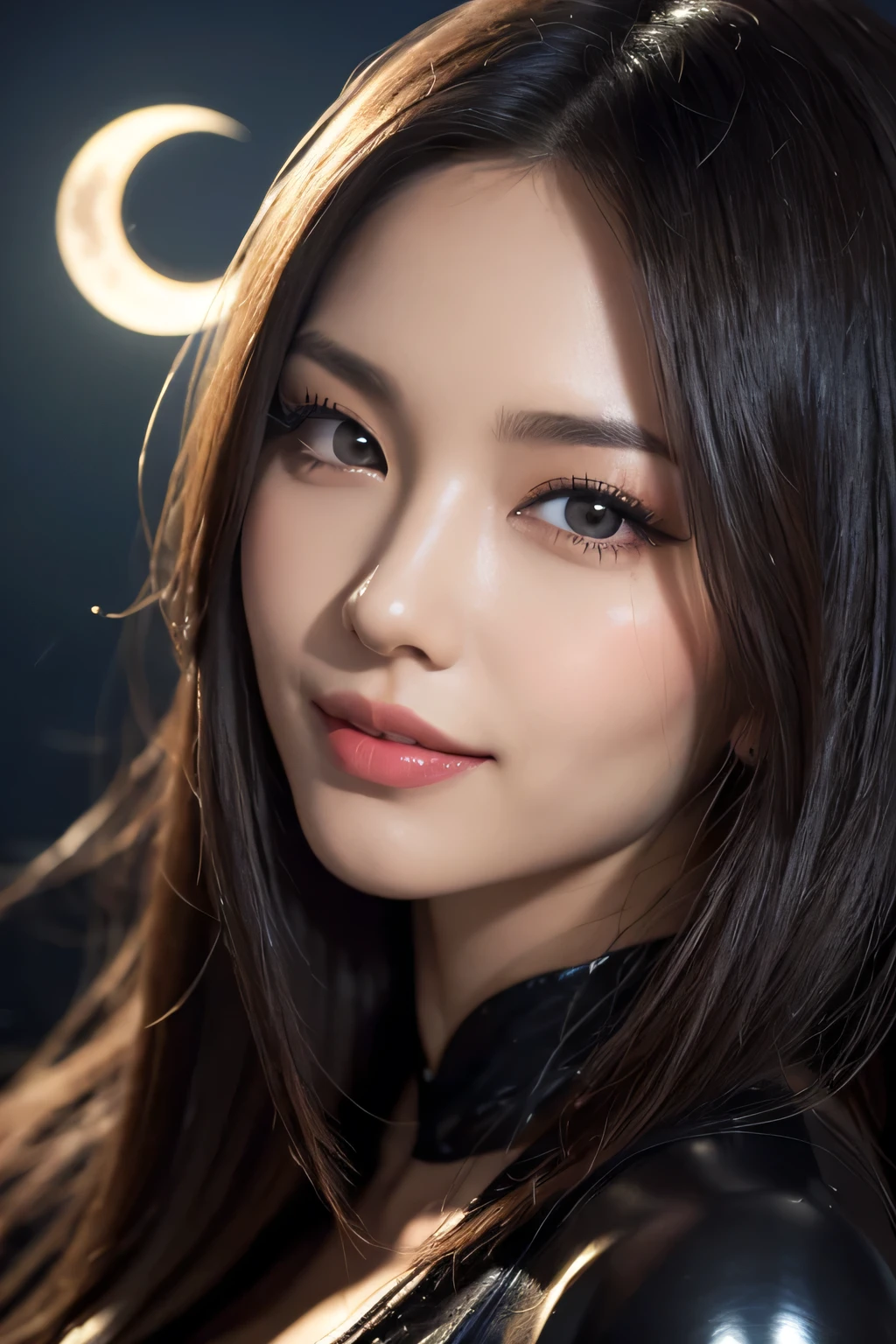 Kimono beauty, body portrait, 8k, thin and beautiful eyes, Dindal effect, masterpiece, top quality, high quality, high resolution, very detailed photo, (natural skin texture, fine skin, hyper realism, super sharpness) , high detail skin, (very fine, fine skin texture, intricate details, beautiful face, (real-like face), realistic eyes, beautifully detailed eyes, realistic skin, beautiful skin, surreal, Highly detailed, golden ratio, smiling eyes, ((night moonlight background)), body portrait, G cup, big breasts, huge breasts, big breasts, glamorous, shiny bodysuit