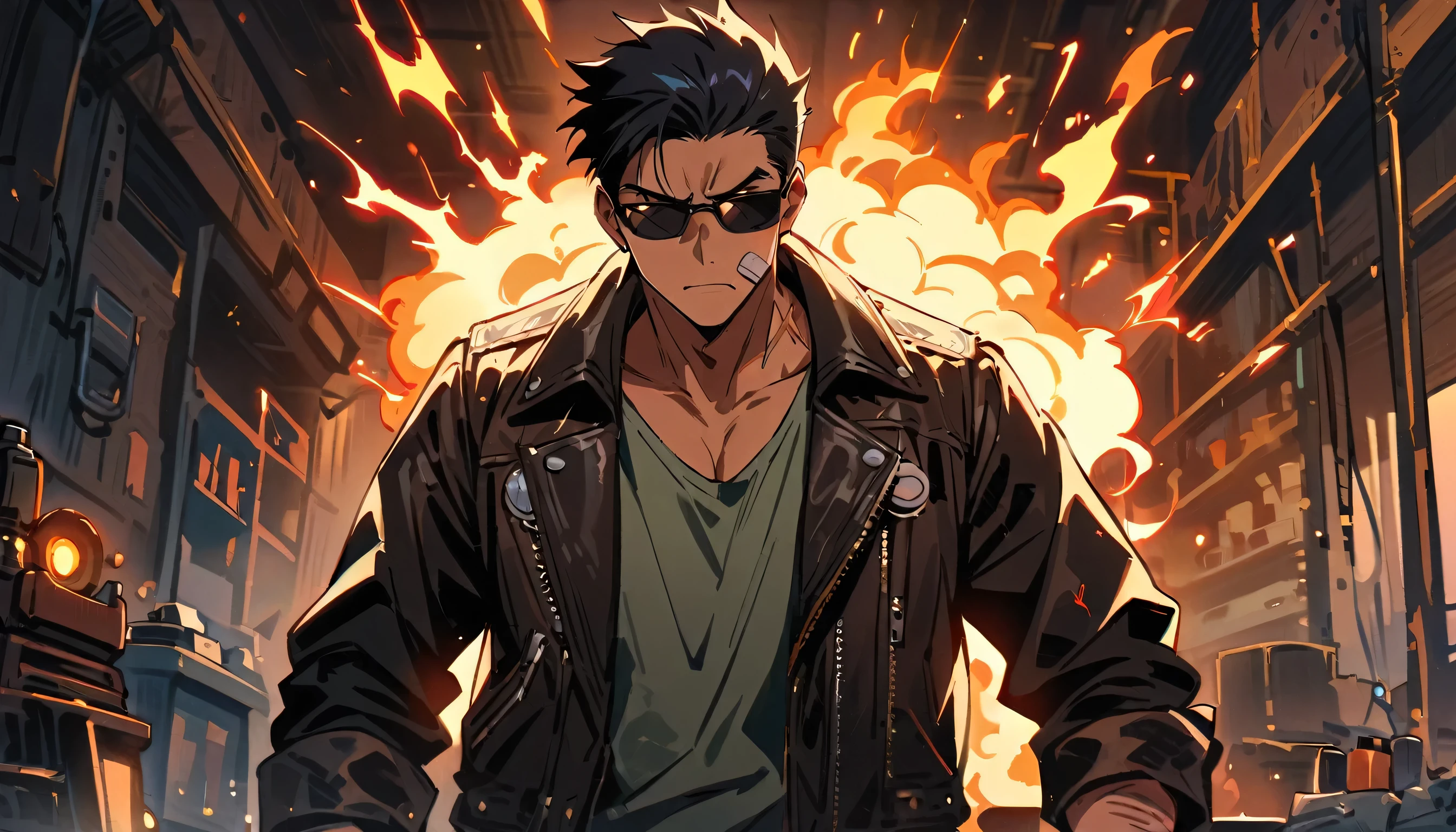 ((highest quality)), ((masterpiece)), boy, strong, fighter, black hair, shades, technician, mechanic, band-aid on face, cut scars on face, leather jacket, blowtorch sparks, dusty clothes, stoic expression, neutral expression, workshop background,