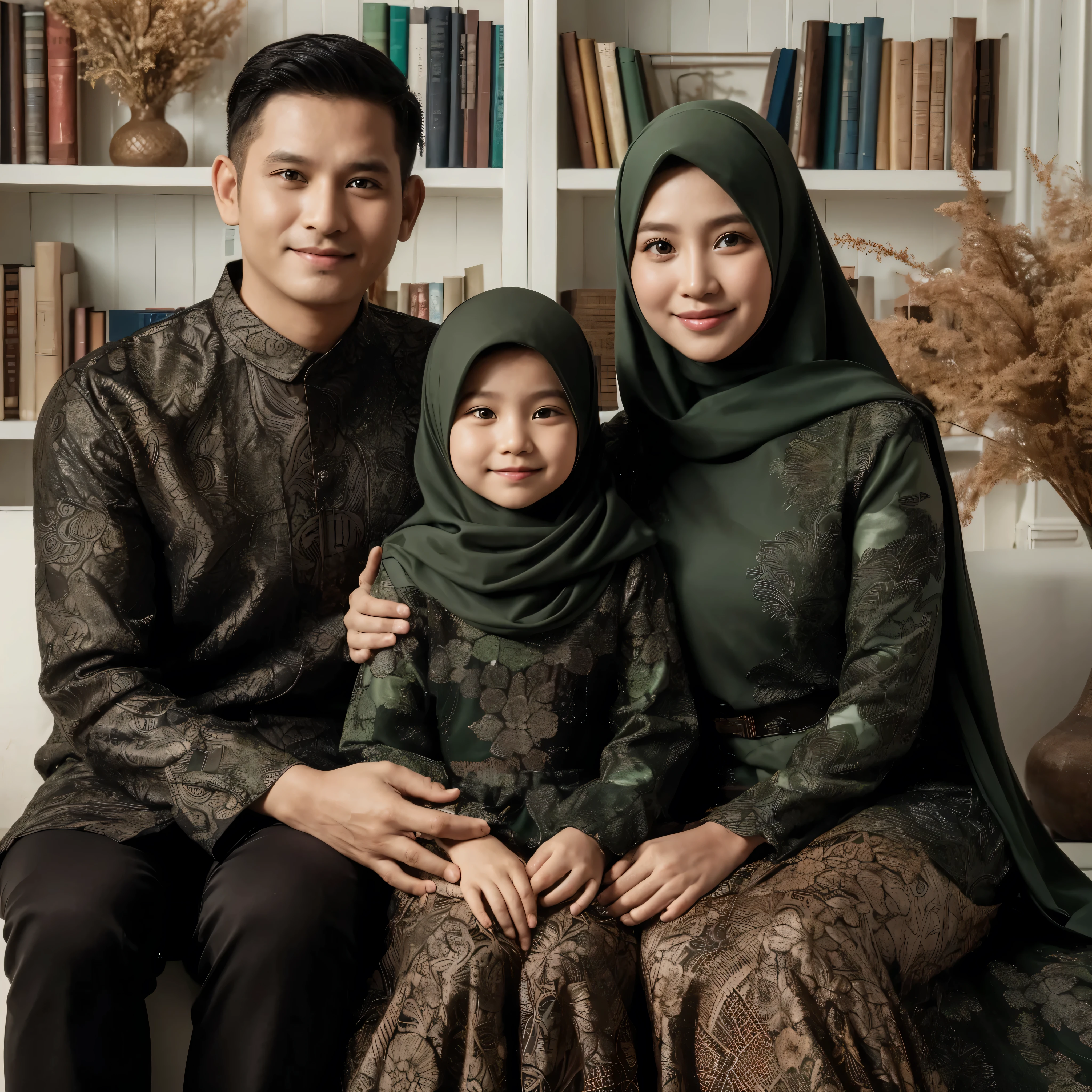 Family photo of Indonesia, three members. Father aged 35, mother aged 30, and a 6-year-old daughter. They are wearing matching green batik clothes and long dresses, detailed, sharp, UHD, 8K. 