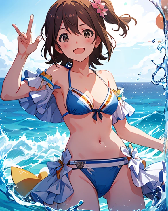 Mirai Kasuga, (highest quality, 8k, masterpiece, Very detailed:1.2), (Lens flare, Particles of light, Shine), Big Breasts, smile, Open your mouth, masterpiece, highest quality, Very detailed, High resolution, Very detailedなCG, (Official Art), Off the shoulder, Micro Bikini, Light blue bikini, (Embarrassing:1.1), (blush:1.2), Open your mouth, ((Spread your legs))(shout:1.1), (Moving lines:1.1), blue sky, summer, Sandy Beach, Cowboy Shot
