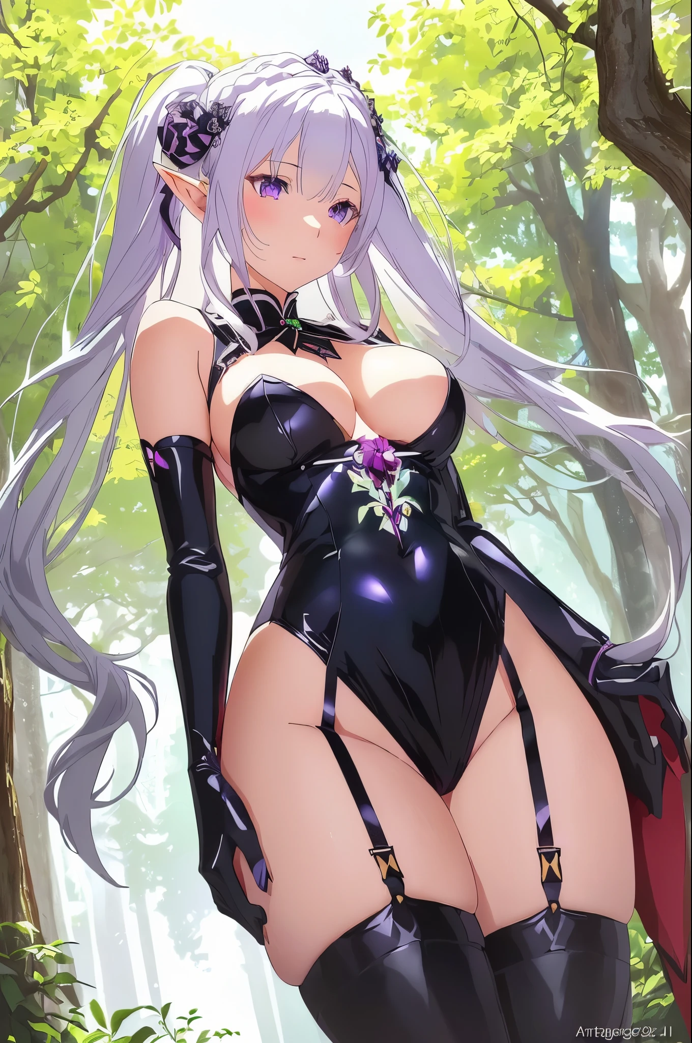 Emilia re:zero, purple eyes, Emilia, crown braid, x hair ornament, flower hair ornament, white hair, long hair, medium breasts, anime girl with blue hair and black dress posing in the woods, seductive anime girl, elf girl, succubus in tight short dress, extremely detailed artgerm, alluring elf princess knight, beautiful alluring anime woman, a sexy maid in a magical forest, beautiful succubus, anime goddess, trending on artstation pixiv, 2. 5 d cgi anime fantasy artwork