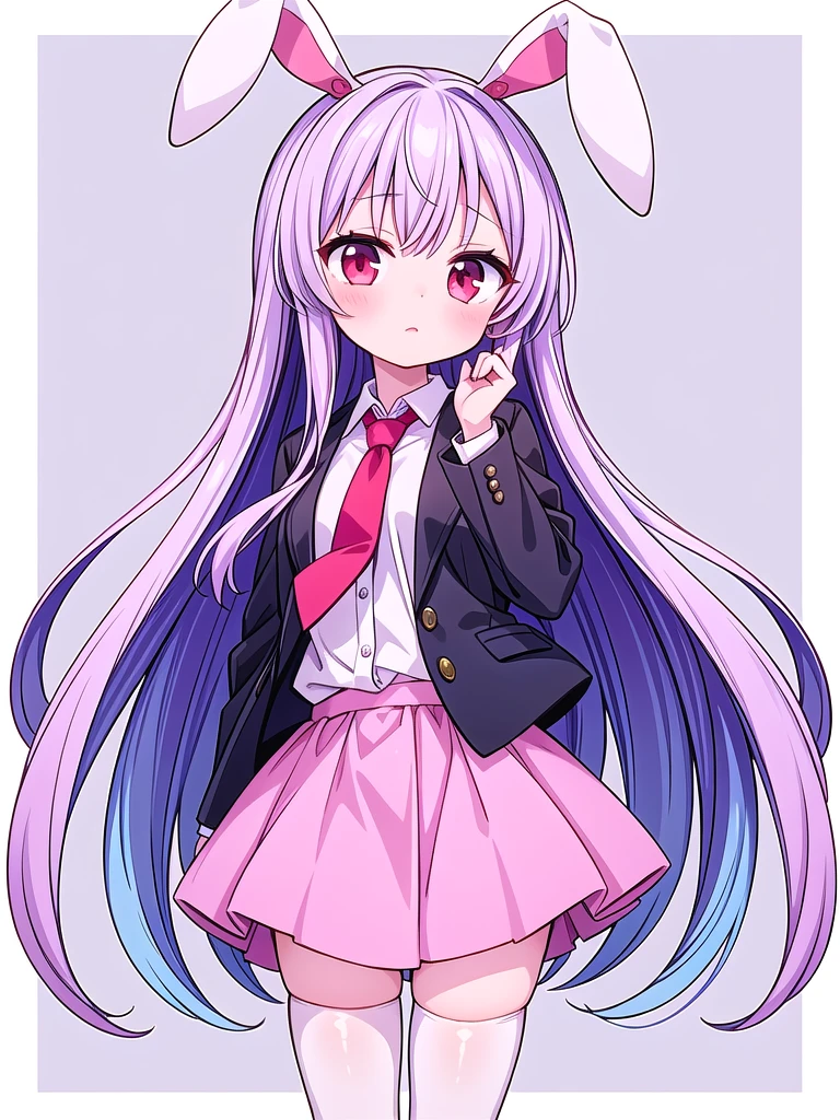1girl, masterpiece, best quality, perfect hands, reisen udongein inaba, purple hair, very long hair, rabbit ears, red eyes, black jacket, red necktie, white shirt, pink skirt, white thighhighs, blush