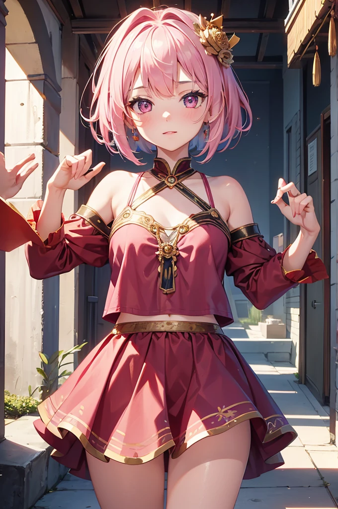 18 year old beautiful girl, masterpiece, best quality, 8K animation, detailed fingers, precise fingers, not unnatural hands, illustration, 1 girl, solo, pink bob cut, gold crown, flower hair ornament, sagging eyes, red mini skirt, YUI