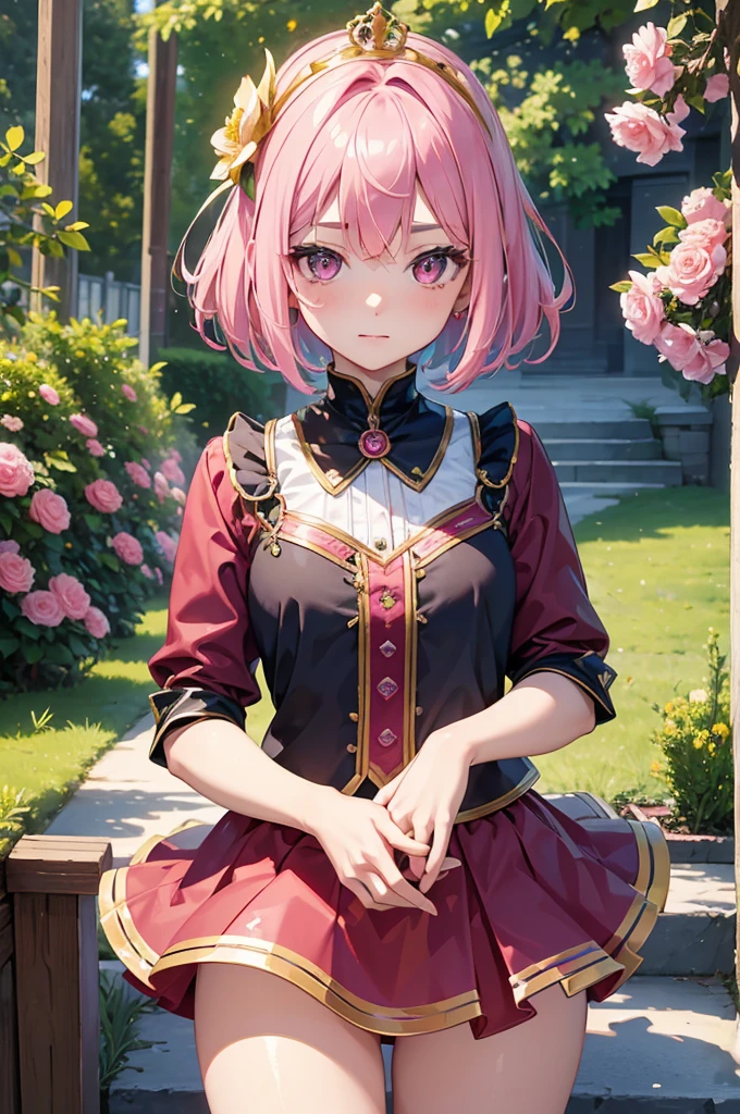 18 year old beautiful girl, masterpiece, best quality, 8K animation, detailed fingers, precise fingers, not unnatural hands, illustration, 1 girl, solo, pink bob cut, gold crown, flower hair ornament, sagging eyes, red mini skirt, YUI