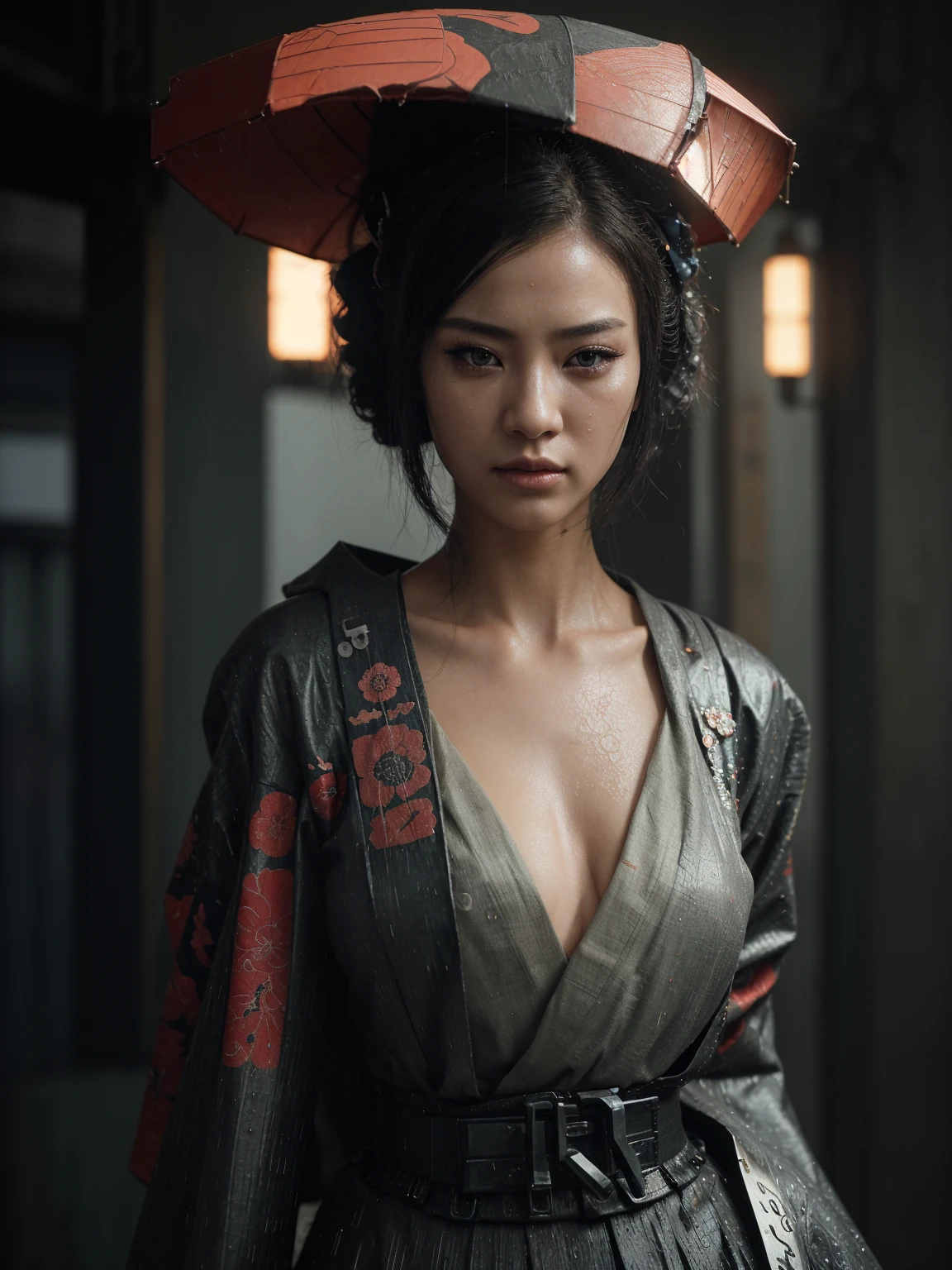 a beautiful woman in a cyberpunk kimono standing in the rain, extremely detailed and realistic, highly detailed facial features, intricate cyberpunk samurai armor, stunning cyberpunk geisha aesthetic, breathtaking 20 year old cyberpunk girl model, vivid digital artwork, 8k resolution, stunning bokeh, dreamy and cinematic cyberpunk style, masterpiece by leng jun