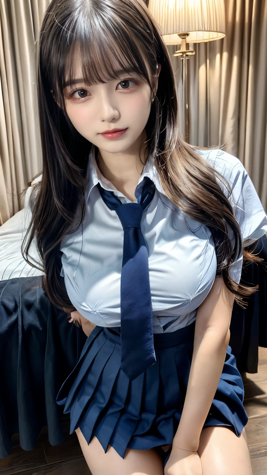 (8K, original photography, Top quality, masterpiece:1.2),  ((3 beautiful girls))、.（Realistic skin 1.4）、（（（Female high school student、Uniforms、）））、{{‎(The background is a luxury hotel room}}（（Uniforms、White Cut Shirt、Dark blue pleated skirt))、（(long hair)）、((One is short hair)),（A black-haired one、The forehead is covered by bangs、）、black eyes、shiny skin.Beautiful delicate face、Beautiful and delicate eyes、｛enchanting figure、Thick thighs｝、Pierce one ear in each ear,((Large Breasts)), ((Navy blue tie)) ,looking at camera, ((close up))