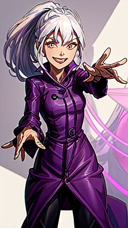 Witch, no hat, purple high collar raincoat, White hair, ponytail hairstyle, smile, reaches out for a hug