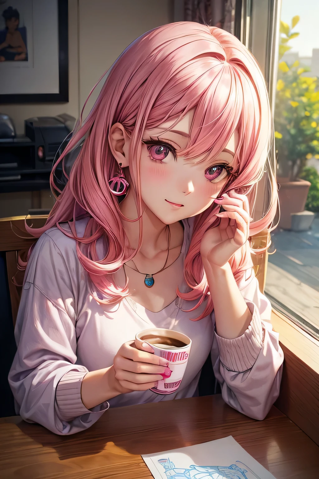 someone holding just a cup of coffee , cute anime, pink hair, with plastic earrings, an illustration of inspired by Asaf Hanuka, pixiv, process art, morning coffee, illustration detailed, detailed illustration, photorealistic illustration, high detail illustration, waking up, detailed digital illustration