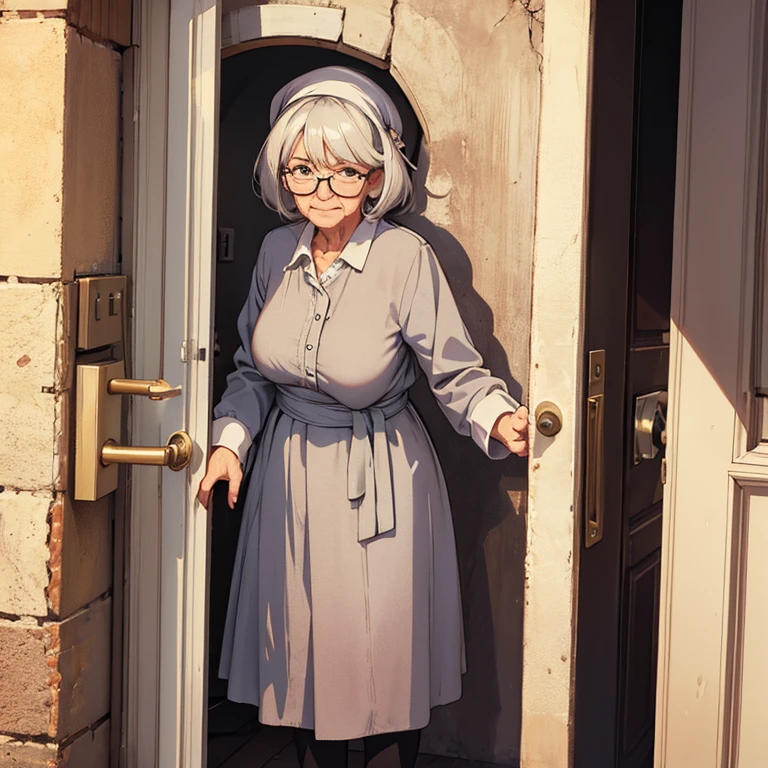 Una figura en la penumbra, an old woman opening the door inviting you to enter