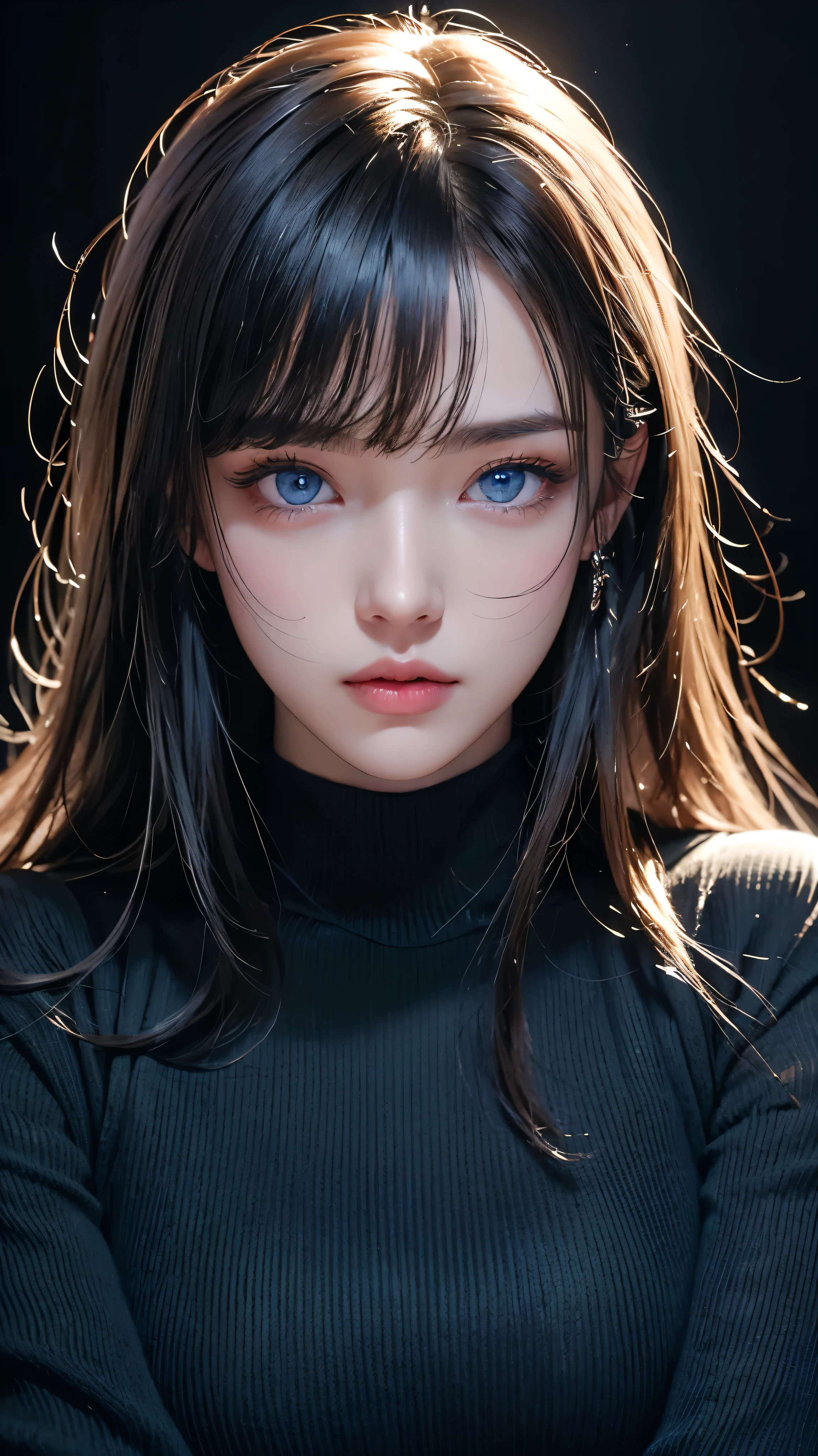 masterpiece, highest quality, Super detailed, Facing the camera, Super detailed, Realistic, Sharp features, Very detailed, Sharp focus, Perfect Face, Perfect Face, Perfect symmetrical perfect eyes, Perfect Plump Lips, Flexible female form, Cinematic, Film Light, Super detailed, hyper Realistic, masterpiece, Atmospheric, High resolution, Vibrant, Dynamic Studio Lighting, ((Dark Background)), The expression when enduring pleasure, Straight bangs, blue eyes,Black sweater, Cowboy Shot,turtleneck、first round、Sexually aroused expression