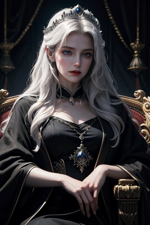 name: "Mistress of Darkness"
material: oil on canvas Size: 60x80 cm Idea: This realistic portrait depicts a dark ruler, sitting on her throne in the hall of her castle. Her silver hair falls in thick waves down her back, and blue eyes sparkle with cold and impenetrable fire. Her black robes are decorated with precious stones and symbols of power.. The ruler sits upright, with refined grace, hands rest on the armrests of the throne with a hint of her power and control. The lighting in the hall is dim, which creates a mysterious and atmospheric atmosphere.