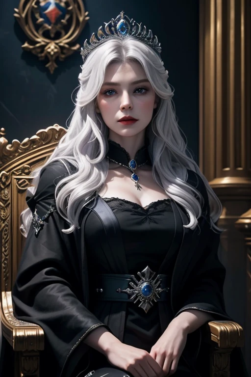 name: "Mistress of Darkness"
material: oil on canvas Size: 60x80 cm Idea: This realistic portrait depicts a dark ruler, sitting on her throne in the hall of her castle. Her silver hair falls in thick waves down her back, and blue eyes sparkle with cold and impenetrable fire. Her black robes are decorated with precious stones and symbols of power.. The ruler sits upright, with refined grace, hands rest on the armrests of the throne with a hint of her power and control. The lighting in the hall is dim, which creates a mysterious and atmospheric atmosphere.