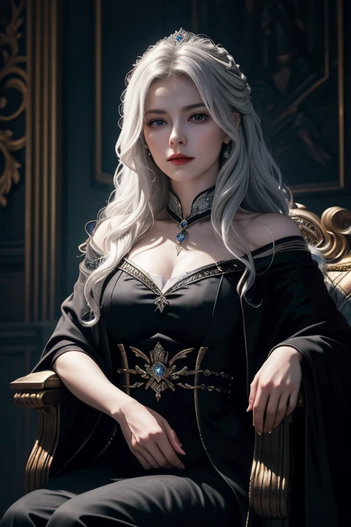 name: "Mistress of Darkness"
material: oil on canvas Size: 60x80 cm Idea: This realistic portrait depicts a dark ruler, sitting on her throne in the hall of her castle. Her silver hair falls in thick waves down her back, and blue eyes sparkle with cold and impenetrable fire. Her black robes are decorated with precious stones and symbols of power.. The ruler sits upright, with refined grace, hands rest on the armrests of the throne with a hint of her power and control. The lighting in the hall is dim, which creates a mysterious and atmospheric atmosphere.