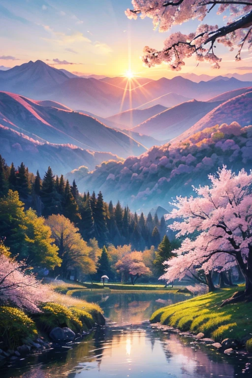 Deep woods, Distant Mountain々, Flying Bird. 2D Style, radiant and lively, The mountainside is covered with cherry blossoms, sunrise can be seen in the distance, The stream meanders, There are some daffodils blooming on the riverbank., sunrise
