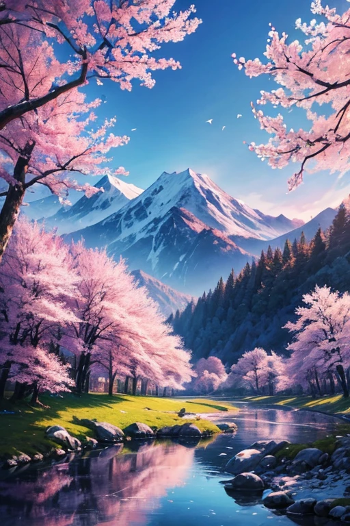 Deep woods, Distant Mountain々, Flying Bird. 2D Style, radiant and lively, The mountainside is covered with cherry blossoms, sunrise can be seen in the distance, The stream meanders, There are some daffodils blooming on the riverbank., sunrise