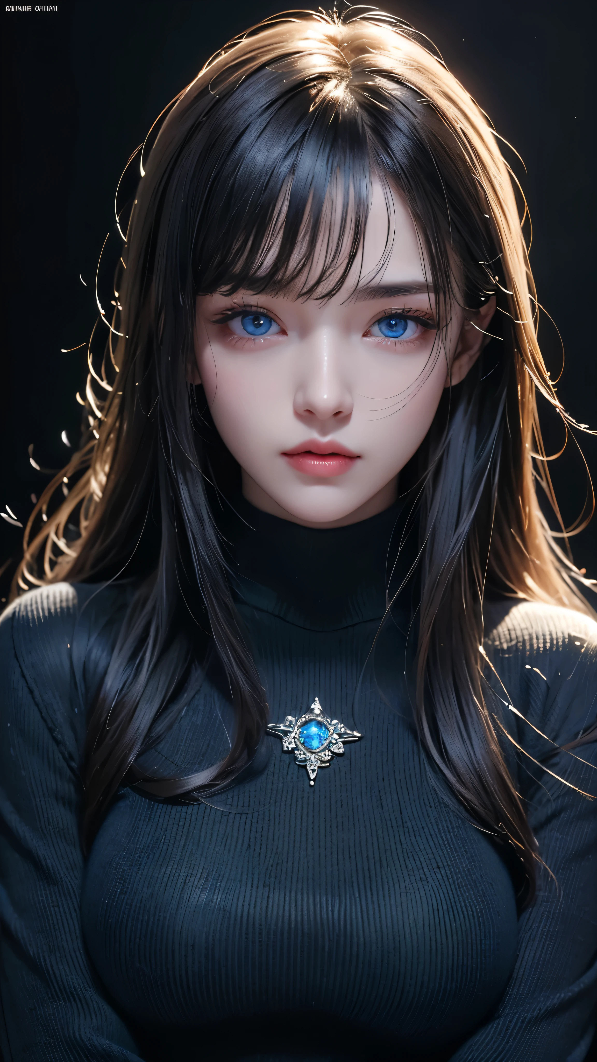 masterpiece, highest quality, Super detailed, Facing the camera, Super detailed, Realistic, Sharp features, Very detailed, Sharp focus, Perfect Face, Perfect Face, Perfect symmetrical perfect eyes, Perfect Plump Lips, Flexible female form, Cinematic, Film Light, Super detailed, hyper Realistic, masterpiece, Atmospheric, High resolution, Vibrant, Dynamic Studio Lighting, ((Dark Background)), The expression when enduring pleasure, Straight bangs, blue eyes,Black sweater, Cowboy Shot,turtleneck、first round、Sexually aroused expression