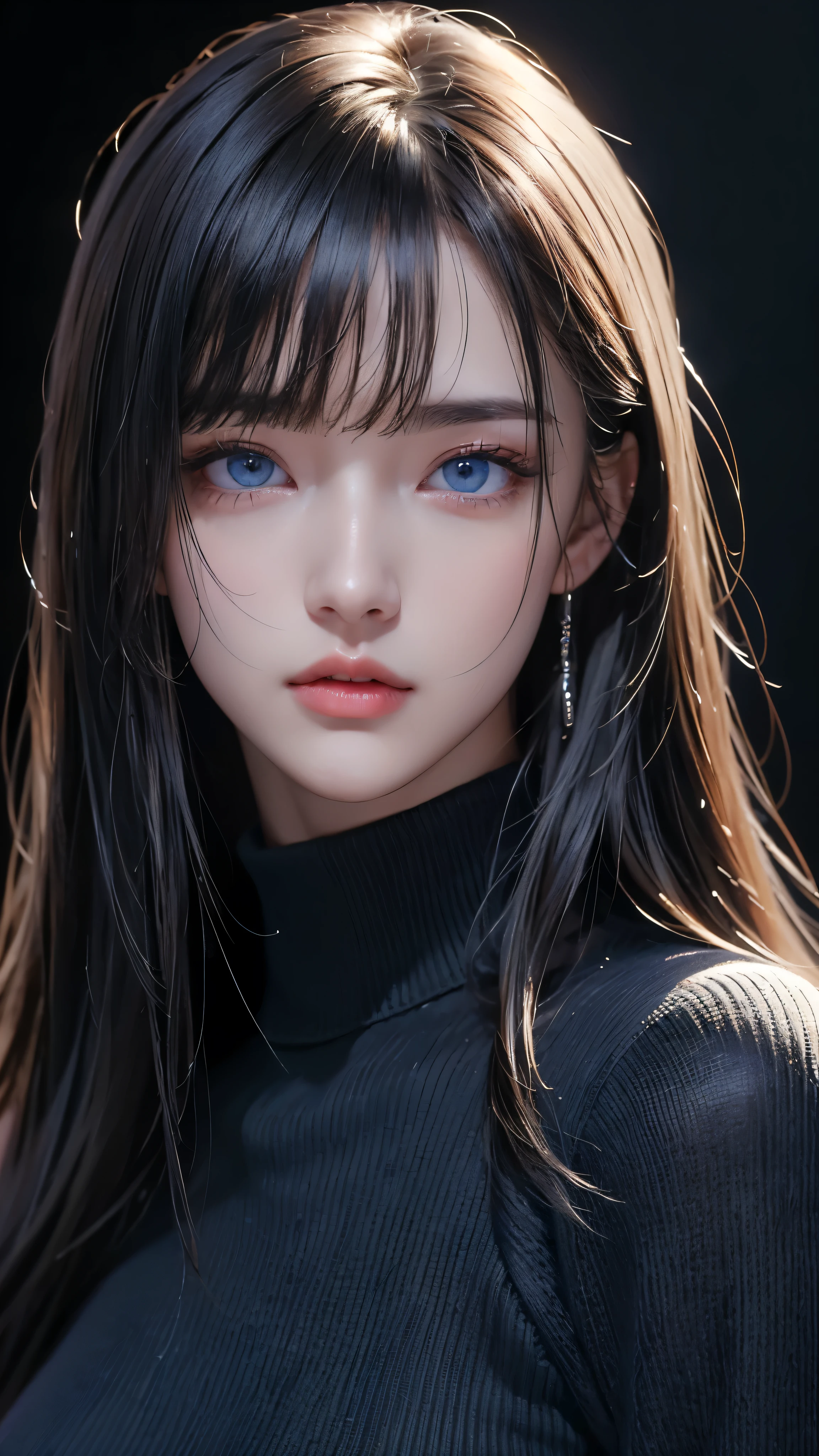 masterpiece, highest quality, Super detailed, Facing the camera, Super detailed, Realistic, Sharp features, Very detailed, Sharp focus, Perfect Face, Perfect Face, Perfect symmetrical perfect eyes, Perfect Plump Lips, Flexible female form, Cinematic, Film Light, Super detailed, hyper Realistic, masterpiece, Atmospheric, High resolution, Vibrant, Dynamic Studio Lighting, ((Dark Background)), The expression when enduring pleasure, Straight bangs, blue eyes,Black sweater, Cowboy Shot,turtleneck、first round、Sexually aroused expression