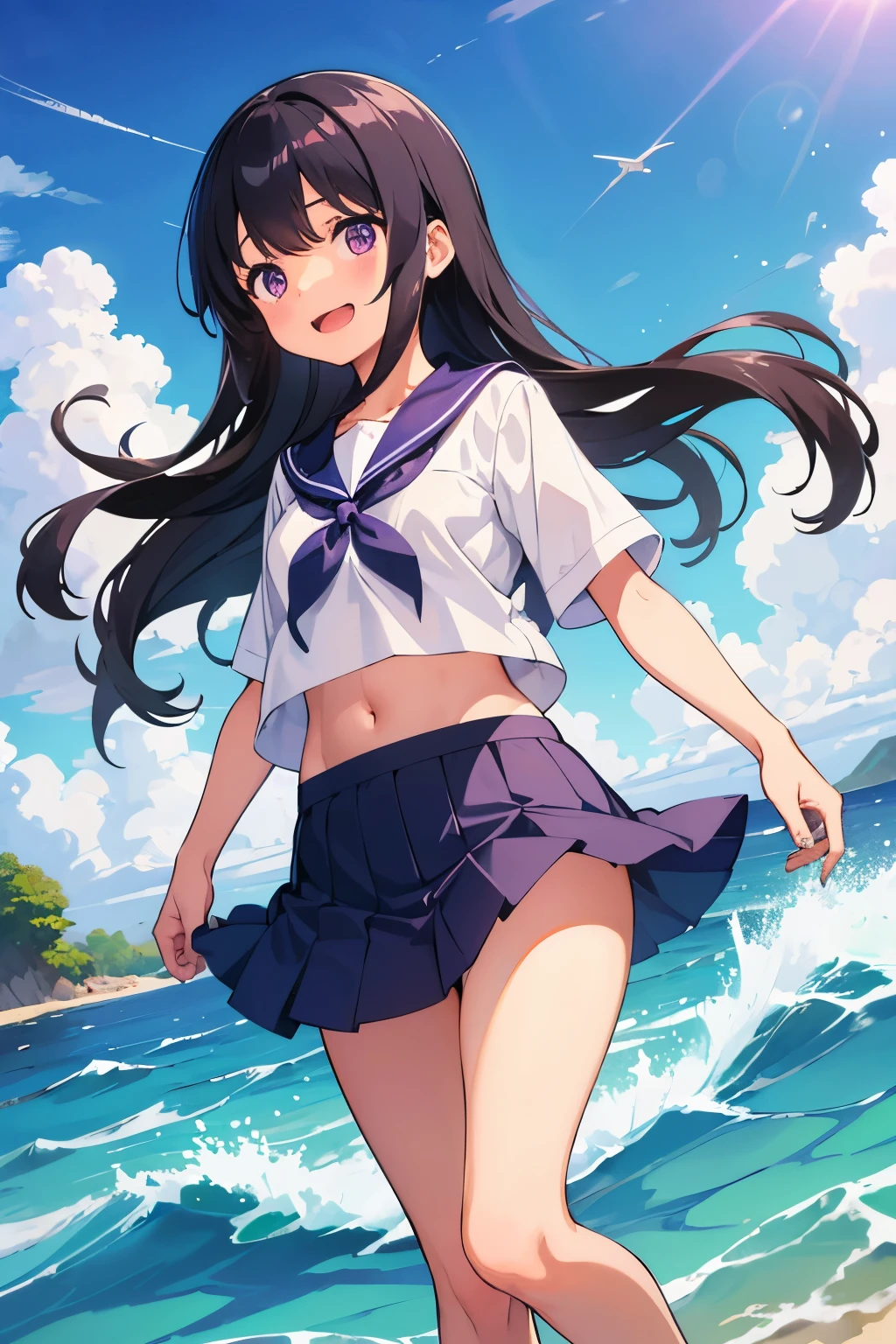 Ocean The shoreline of the sand Elementary school girl, A-cup breasts, black hair, long hair, purple eyes Laughing with your mouth open (one person) White sailor suit Navy blue mini skirt White panties((I can see her panties)) barefoot Standing on the shore Waves crashing against my feet Dynamic angle Low angle