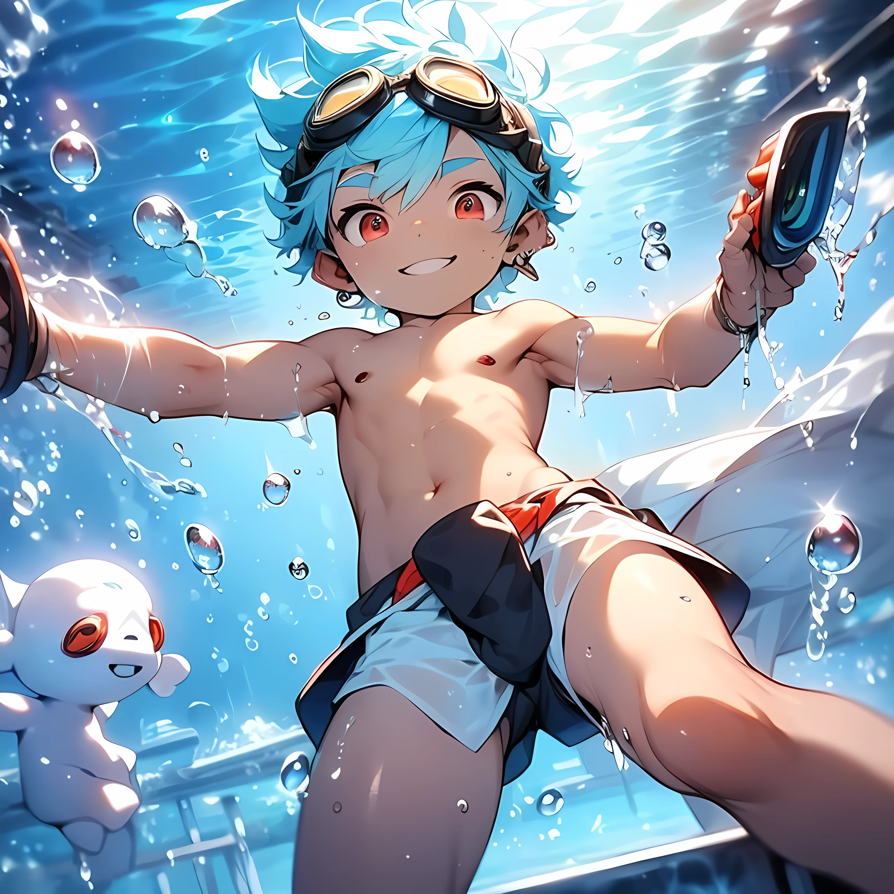 (boldline:-1.6), (floating:2), (water drop:1.4), (under water:1.8), (raising arms:1.5), (raising legs:1.3), (best quality:1.3), (absolutely resolution:1.3), (ultra detailed:1.3), (masterpiece:1.3), (perfect face:1.5), (detailed face:1.5), (detailed eyes:1.5), (cute face), (shota:1.9), (topless:1.5), BREAK (wearing goggles:1.8), (white loincloth:1.5), (bulge:1.5), (see through wet clothes), (skinny:1.3), (spiked hair), BREAK (light blue hair:1.4), (smiling:1.5), (wine red eyes:1.3), (eyes with high light), ((mole under eye)), ((earrings)), (shiny skin:1.3), BREAK (in sea:1.5), (group colorful small fishes:1.5), (bubble:1.3), (wind blowing:1.5), (nipple), (abs), (groin), wide angle, ((from below)), face focus,