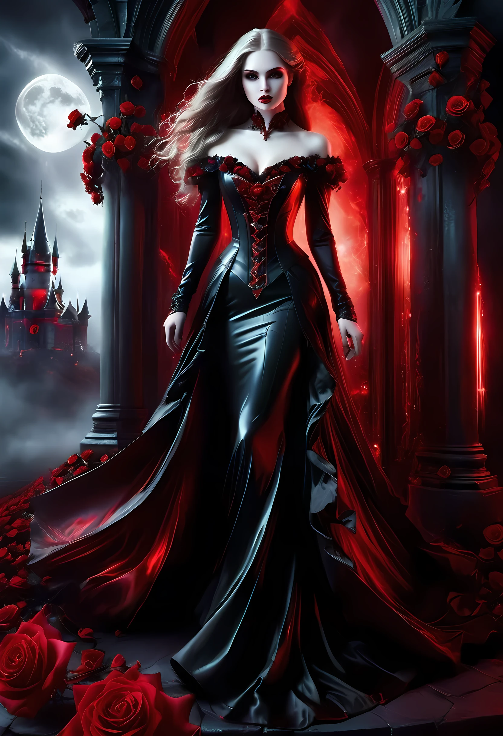 Dark fantasy art, fantasy art, goth art,  a picture of a female vampire, exquisite beauty, full body shot, dark glamour shot,  pale white skin, dark blond hair, long hair, wavy hair, (glowing grey: 1.3) eyes,  she  wears a (red: 1.3) dress, ArmoredDress, entwined with (black: 1.4)  roses betmd, high heells, dark castle porchm, RagingNebula