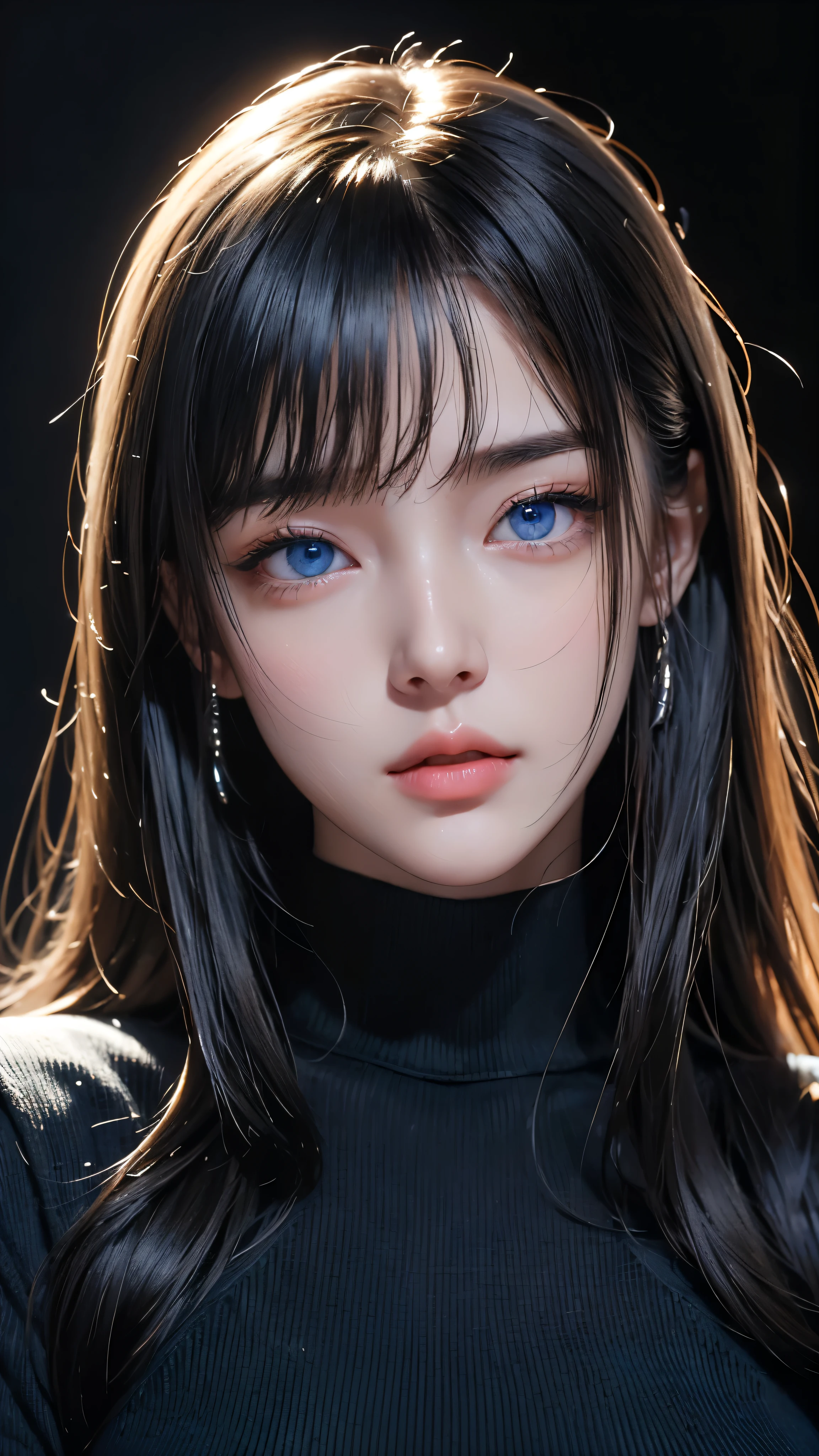 masterpiece, highest quality, Super detailed, Facing the camera, Super detailed, Realistic, Sharp features, Very detailed, Sharp focus, Perfect Face, Perfect Face, Perfect symmetrical perfect eyes, Perfect Plump Lips, Flexible female form, Cinematic, Film Light, Super detailed, hyper Realistic, masterpiece, Atmospheric, High resolution, Vibrant, Dynamic Studio Lighting, ((Dark Background)), The expression when enduring pleasure, Straight bangs, blue eyes,Black sweater, Cowboy Shot,turtleneck、first round、Sexually aroused expression