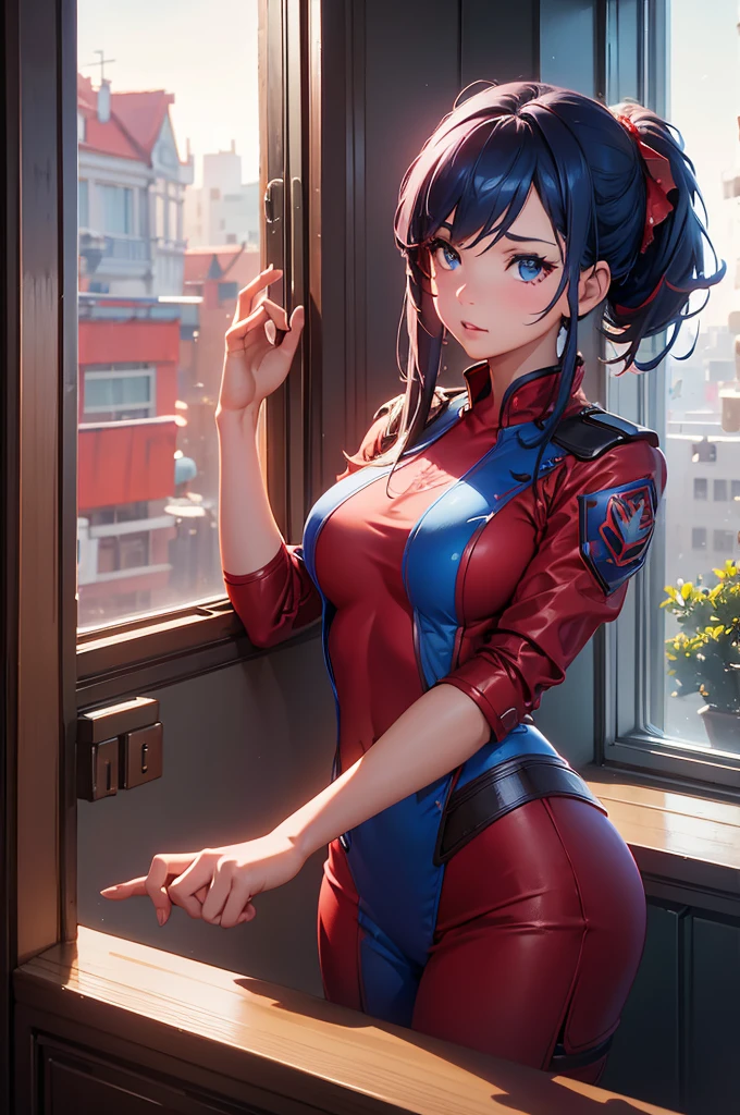 arafed image of a girl in a red and blue costume looking out a window, wojtek fus, ross tran 8 k, cgsociety 8 k, cgsociety 8k, cgsociety 8k, realistic anime 3 d style, artgerm and atey ghailan, ilya kuvshinov. 4 k, cinematic cgsociety, cgsociety inspired