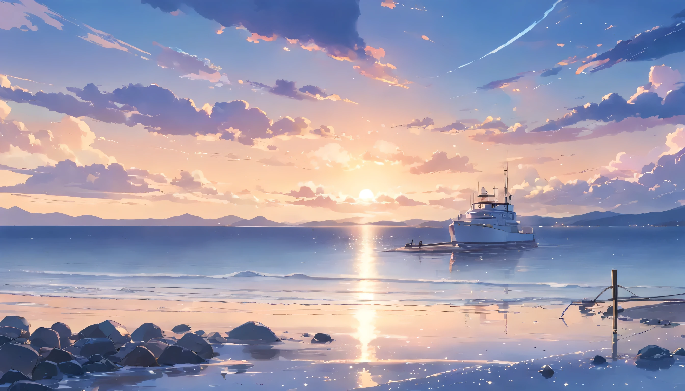 masterpiece、highest quality、Movie Steel　southern　winter　With background　cloudy　evening　Cloudy　calm sea　Breakwater　cloud　Temporary　by boat　　grey, beach