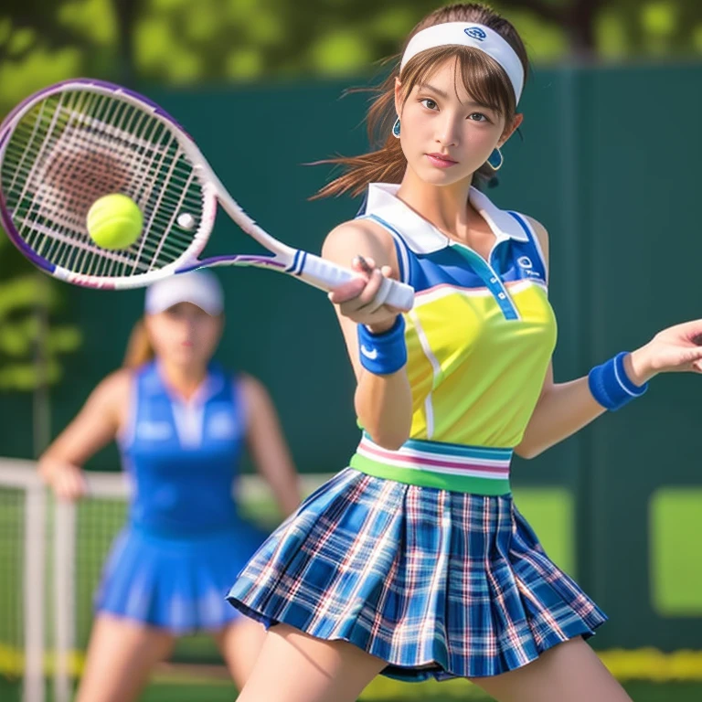 Photo-realistic quality、 Playing tennis２０Age idol, Tennis Wear, Playing tennis女子大生, The moment a yellow tennis ball is hit with a realistic racket,Detailed and beautiful eyes、White tops、Checked skort、Beautiful Japanese Model、Detailed and beautiful eyes、Gentle expression、Soft and cute expression、Hit the yellow ball