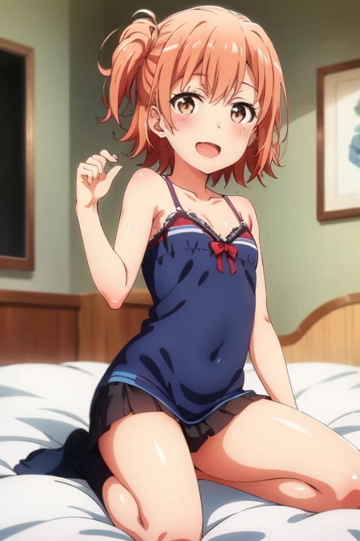 ((highest quality)), ((masterpiece)), (be familiar with), Perfect Face, indoor, Bedroom, Watching the audience,
One woman, Yuigahama Yui,
Open Mouth, Ecstatic expression, blush, smile,
Small breasts, Flat Chest, Young Girl, , , Girl,
Short Hair, Salmon-colored hair, Salmon-colored eyes, Side Pony,
Leg spread,