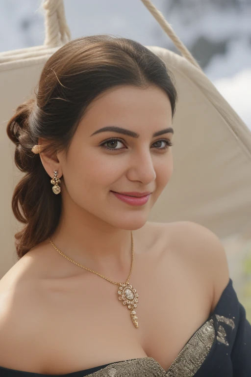 Day scene, low angle shot of close up photo of indian, big cheeks, sexy navel, hanging in swing chair on Mount Everest, off shoulder strapless cowl neck dress, deep cut neckline, perfect figure, swooping breasts, deep cleavage, ponytail hair, necklace, look at viewer and smile, (cinematic:1.3), intricate details, (ArtStation:1.2) open breast, eyes focus on camera,
