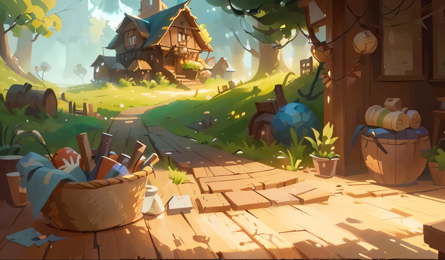 there is a basket of stuff sitting on a wooden floor, stylized concept art, background art, stylized game art, fantasy tavern background, painted as a game concept art, tavern background, background artwork, 2 d game art background, 3 d render stylized, 2 d game environment design, stylized painting, stylized 3d render, relaxing concept art