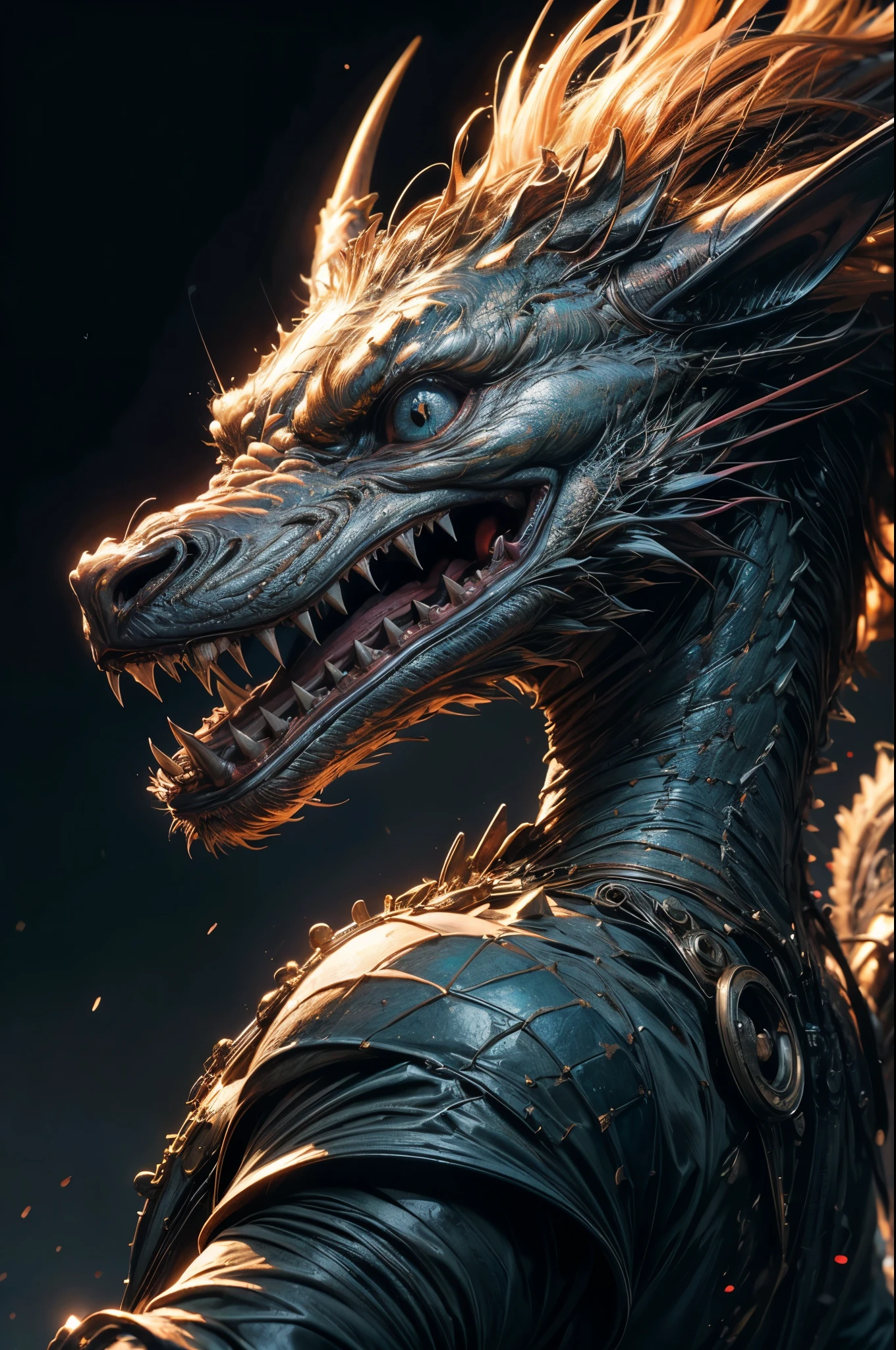 Complex 3D rendering of [[a highly detailed head of a dragon]]、150mm、Beautiful studio soft lights、Rim Light、Vivid details、luxurious cyberpunk、[[a highly detailed head of a dragon]]、surrealistic、Anatomical、octan render、8K、top-quality、​masterpiece、illustration、[[a highly detailed head of a dragon]]、highly detailed、Unity ,wall-,magnifica, Attention to detail, ​masterpiece, top-quality, Official art, Highly detailed ticker Unity 8K wallpapers、nfsw mechanism, abyss、Shooting with a wide-angle lens, Lightning from Kaleidoscope Hand、Neon light, 8K, raw, Best Quality, mastepiece, 超A high resolution, Colorful, (medium wide shot), (Dynamic perspective), The whole picture、sharp focus , (depth of field f16), highly detailedな目と顔, ninjartist, Trimmed gear:1.2), ((mastepiece, Best Quality)), Detailed background, Photographed with Canon R5, ​masterpiece