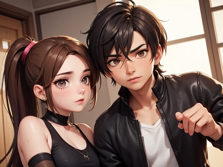 Two characters in a scene boy and girl (absolutely identical twins brother and sister), The first character is a handsome effeminate gay boy with beautiful girlish features, with semi-long brown hair tied in a ponytail, women's blouse and shorts, Brown eyes, and the second character is a feminist girl with aesthetic small breasts with beautiful erect nipples, with very tousled shaggy semi-long brown hair, hair between the eyes, Brown eyes, beautiful face, an athlete with well-developed proportional muscles, in a silk translucent T-shirt and jeans, talk to each other, different emotions, free pose, free interaction with each other, White background, стиль мультфильма Disney Pixar