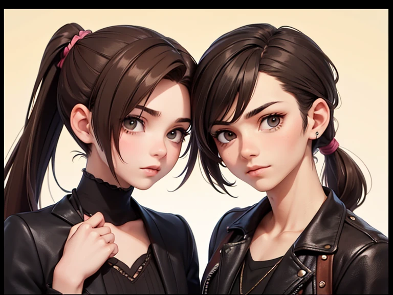 Two characters in a scene boy and girl (absolutely identical twins brother and sister), The first character is a handsome effeminate gay boy with beautiful girlish features, with semi-long brown hair tied in a ponytail, women's blouse and shorts, Brown eyes, and the second character is a feminist girl with aesthetic small breasts with beautiful erect nipples, with very tousled shaggy semi-long brown hair, hair between the eyes, Brown eyes, beautiful face, an athlete with well-developed proportional muscles, in a silk translucent T-shirt and jeans, talk to each other, different emotions, free pose, free interaction with each other, White background, стиль мультфильма Disney Pixar