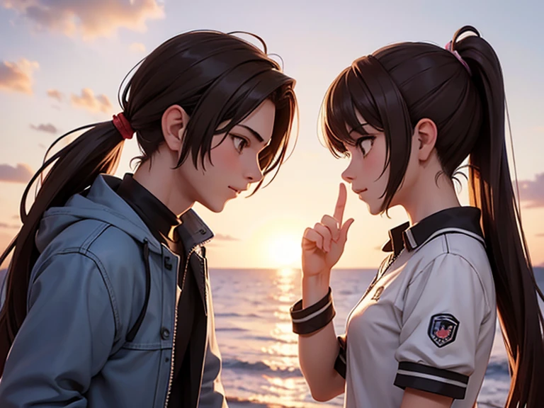 Two characters in a scene boy and girl (absolutely identical twins brother and sister), The first character is a handsome effeminate gay boy with beautiful girlish features, with semi-long brown hair tied in a ponytail, women's blouse and shorts, Brown eyes, and the second character is a feminist girl with aesthetic small breasts with beautiful erect nipples, with very tousled shaggy semi-long brown hair, hair between the eyes, Brown eyes, beautiful face, an athlete with well-developed proportional muscles, in a silk translucent T-shirt and jeans, talk to each other, different emotions, free pose, free interaction with each other, White background, стиль мультфильма Disney Pixar