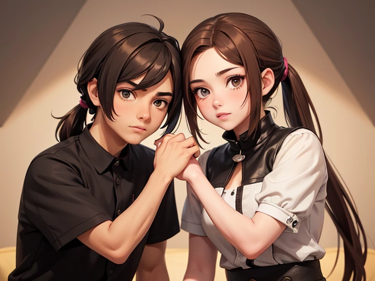 Two characters in a scene boy and girl (absolutely identical twins brother and sister), The first character is a handsome effeminate gay boy with beautiful girlish features, with semi-long brown hair tied in a ponytail, women's blouse and shorts, Brown eyes, and the second character is a feminist girl with aesthetic small breasts with beautiful erect nipples, with very tousled shaggy semi-long brown hair, hair between the eyes, Brown eyes, beautiful face, an athlete with well-developed proportional muscles, in a silk translucent T-shirt and jeans, talk to each other, different emotions, free pose, free interaction with each other, White background, стиль мультфильма Disney Pixar