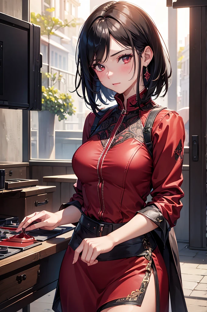 1girl, cowboy shot of beautiful ada, looking at viewer, red dress, black hair, blush, short hair, athletic night, volumetric lighting, best quality, masterpiece, intricate details, tonemapping, sharp focus, hyper detailed, trending on Artstation, ada, realistic